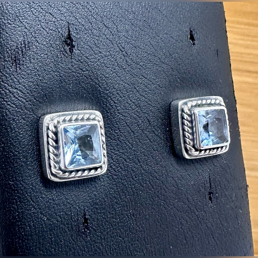 Lori Bonn Sterling Silver Blue Topaz Bezel Stud Braided Square Earrings